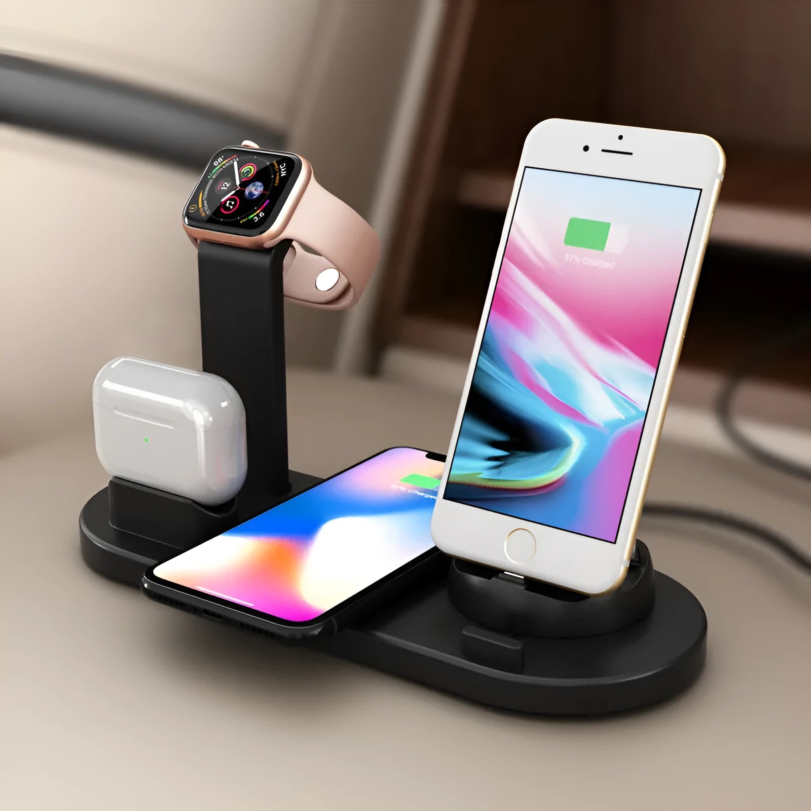 Three-in-one wireless charging station for watch, headphones and phone with USB power adapter in black colour