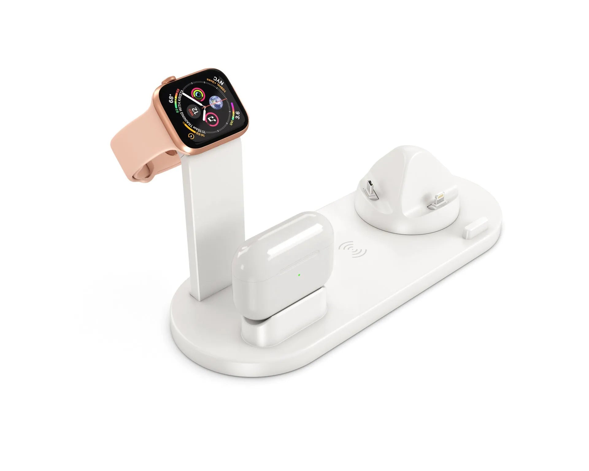 Three-in-one wireless charging station for watch, headphones and phone with USB power adapter in black colour