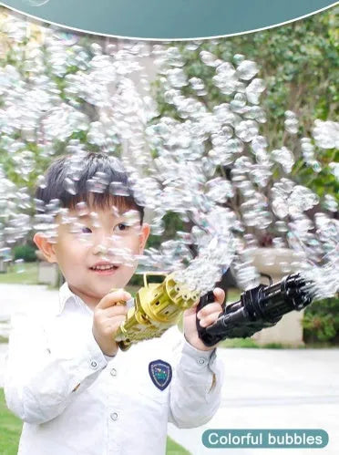 Battery-powered bubble gun toy in pink gold or black colours with ABS plastic construction and fan function