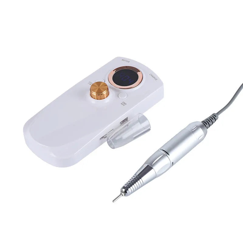 White rechargeable nail polisher portable drill with speed control buttons and EU plug