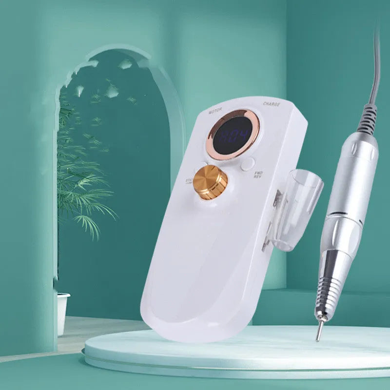 White rechargeable nail polisher portable drill with speed control buttons and EU plug