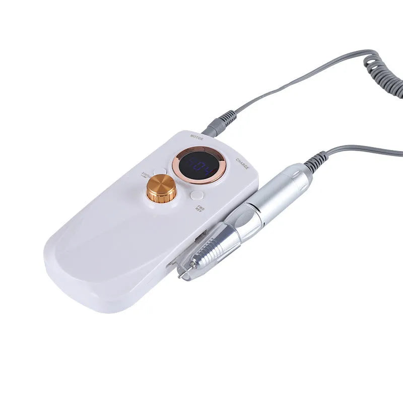 White rechargeable nail polisher portable drill with speed control buttons and EU plug