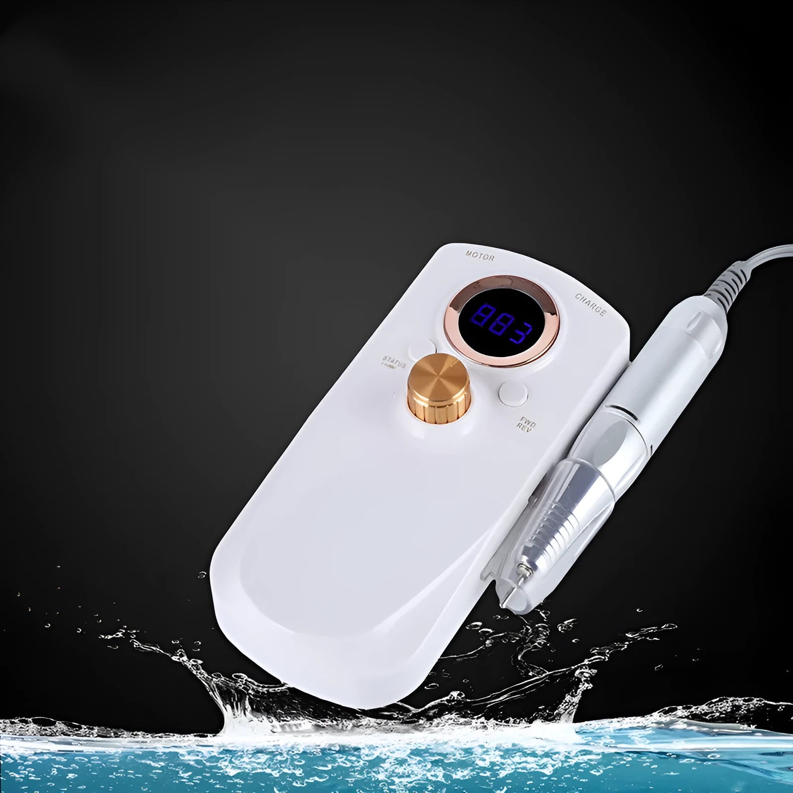 White rechargeable nail polisher portable drill with speed control buttons and EU plug