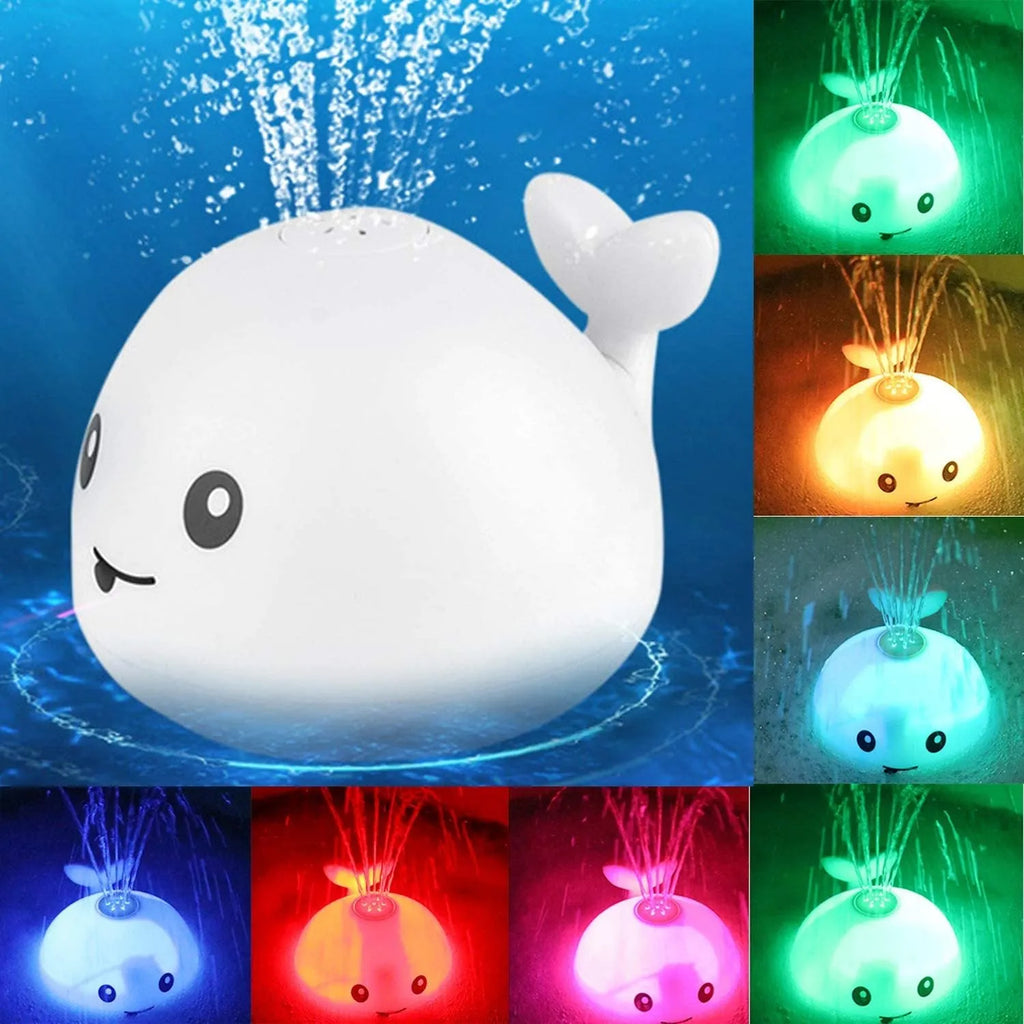 Automatic water-sensing whale spray bath toy with flashing lights for baby bath time