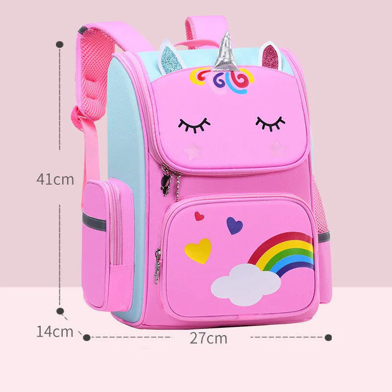Printed polyester school backpack for primary students in royal blue, purple, pink or sapphire blue colours