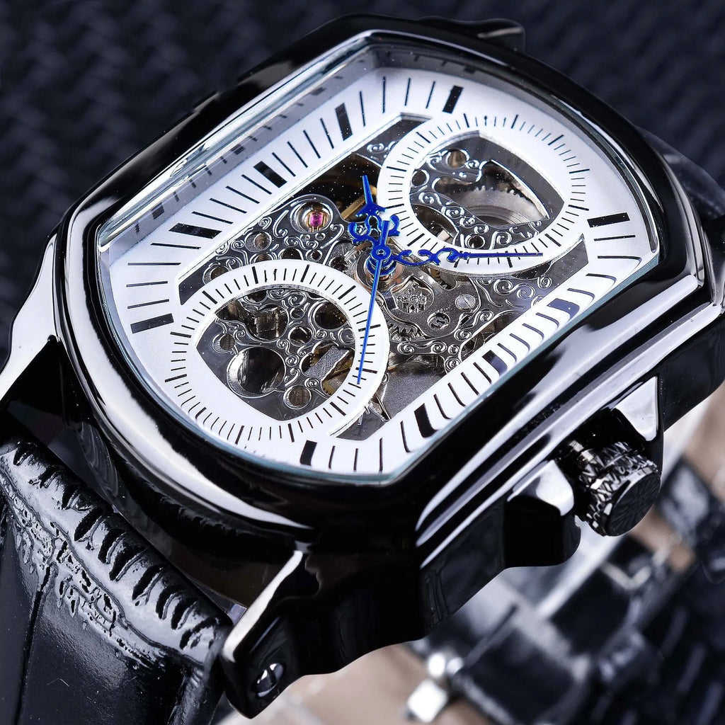 Men's casual automatic square hollow mechanical watch with mineral glass mirror, black shell with black noodles, 45x39mm dial