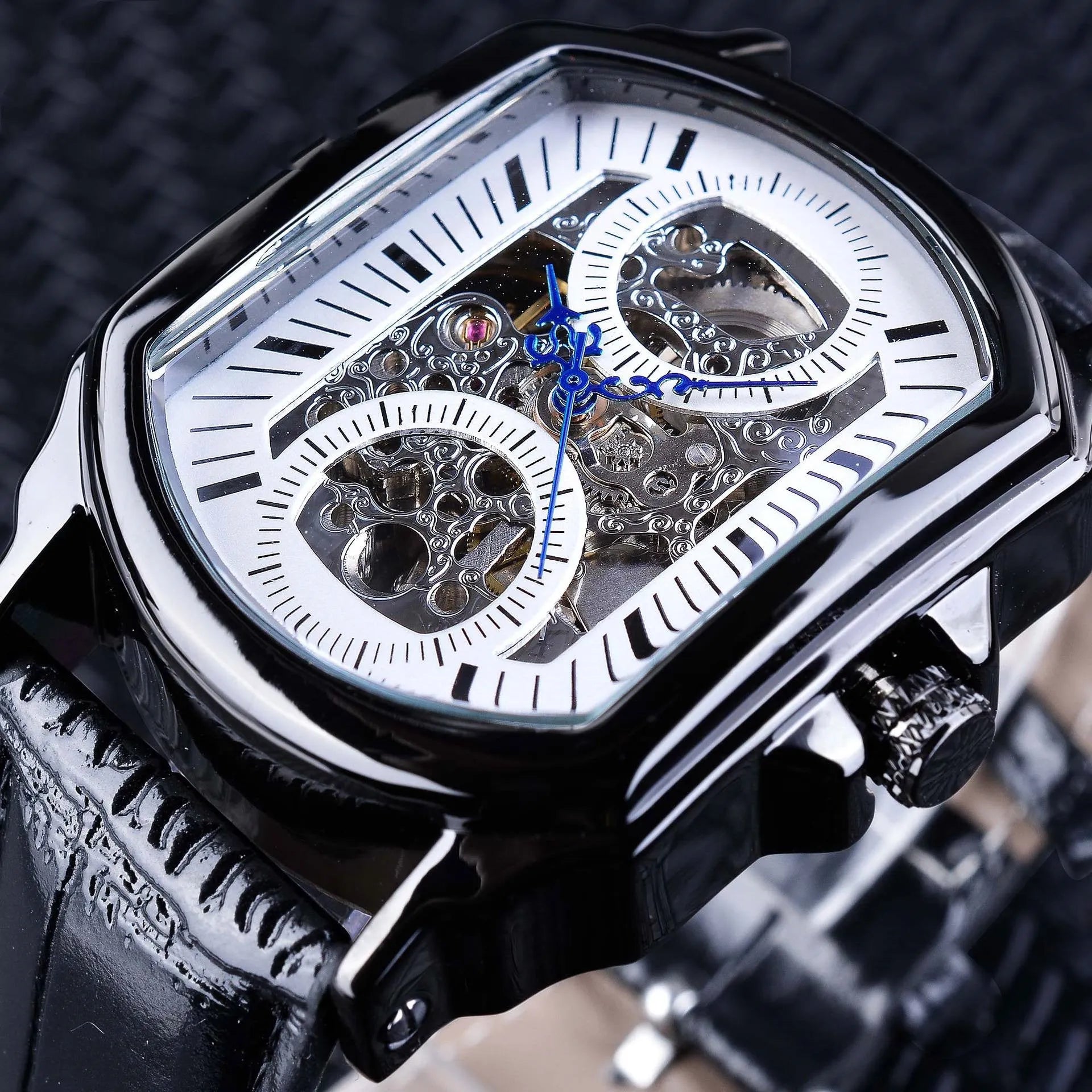 Men's casual automatic square hollow mechanical watch with mineral glass mirror, black shell with black noodles, 45x39mm dial