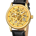 Forsining mens mechanical wrist watch with round alloy case, golden gear dial, and brown imitation leather strap on white background