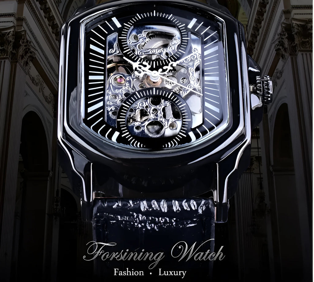 Men's casual automatic square hollow mechanical watch with mineral glass mirror, black shell with black noodles, 45x39mm dial