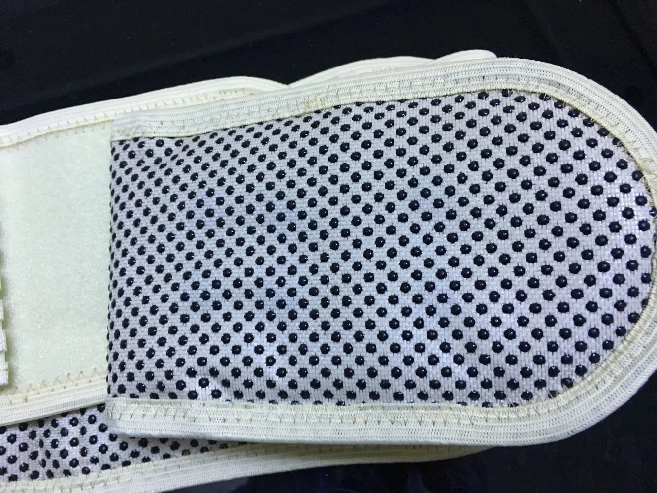 Self-heating magnetic waist protection belt in elastic cloth material shown in black and beige colours