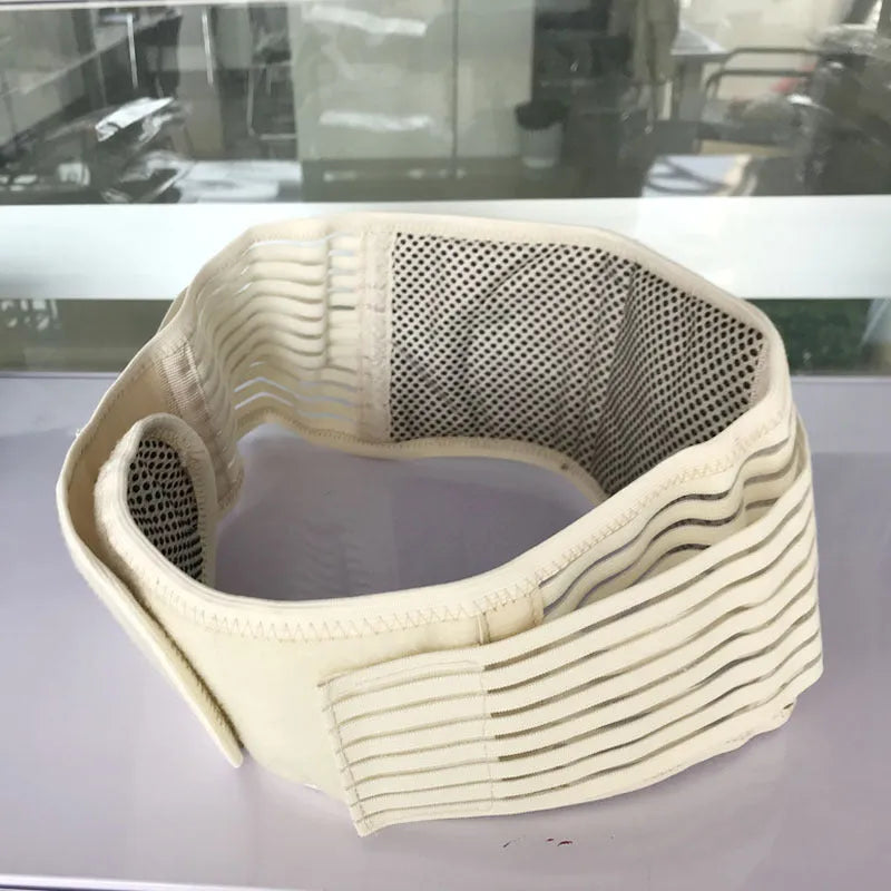 Self-heating magnetic waist protection belt in elastic cloth material shown in black and beige colours