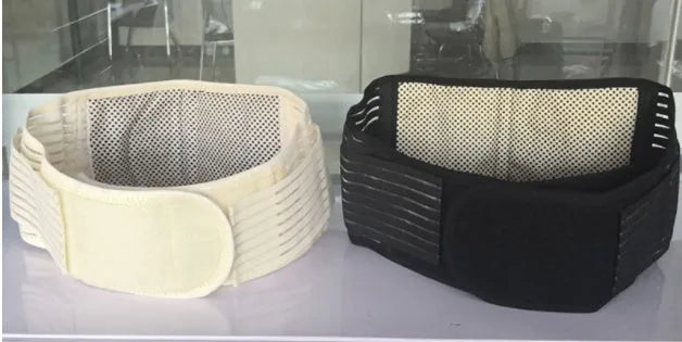 Self-heating magnetic waist protection belt in elastic cloth material shown in black and beige colours