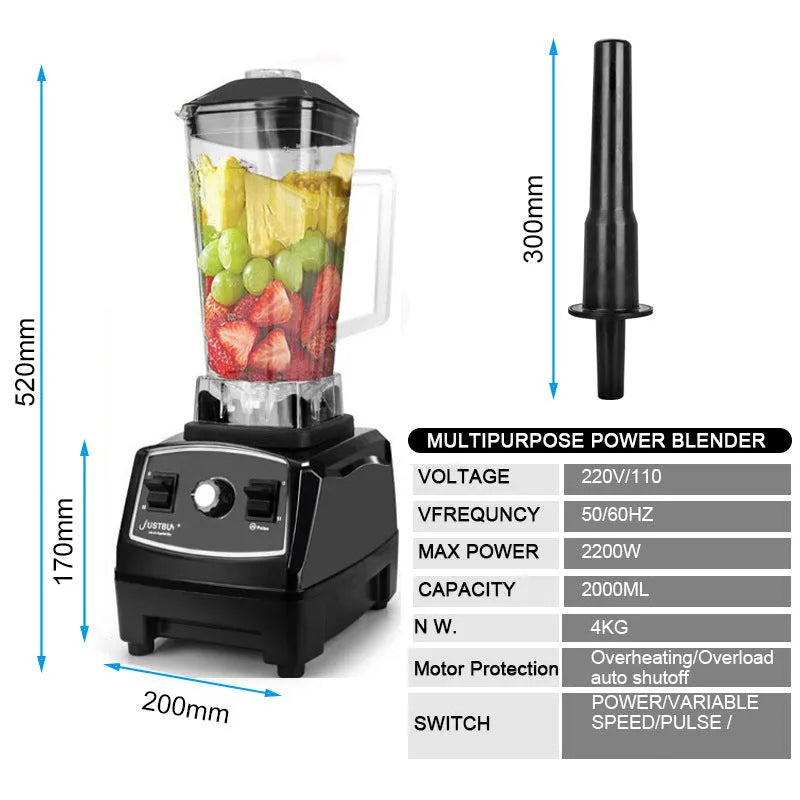 Black 2L 2200W blender with broken wall design and three-speed control dial on countertop