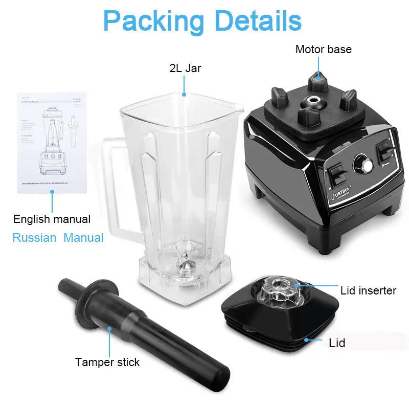 Black 2L 2200W blender with broken wall design and three-speed control dial on countertop