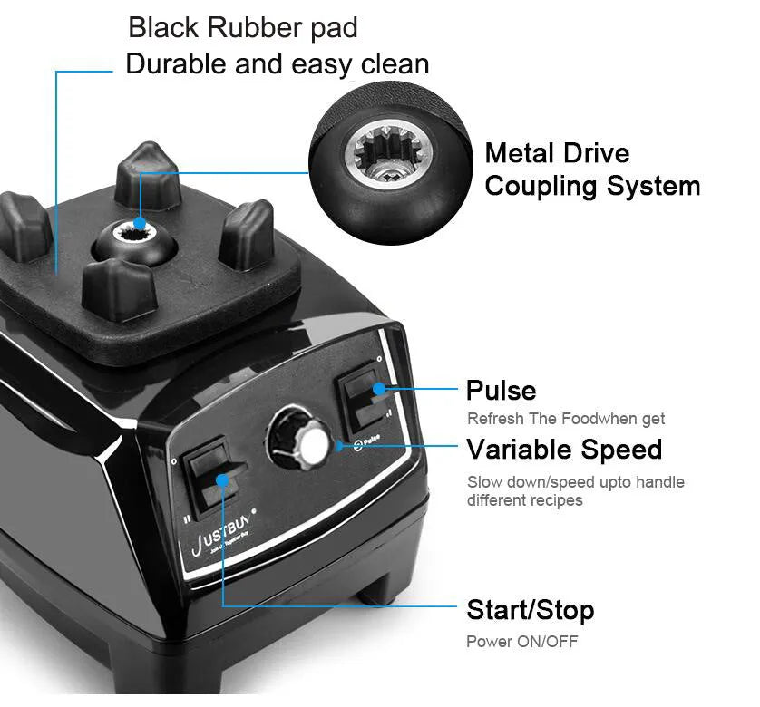 Black 2L 2200W blender with broken wall design and three-speed control dial on countertop