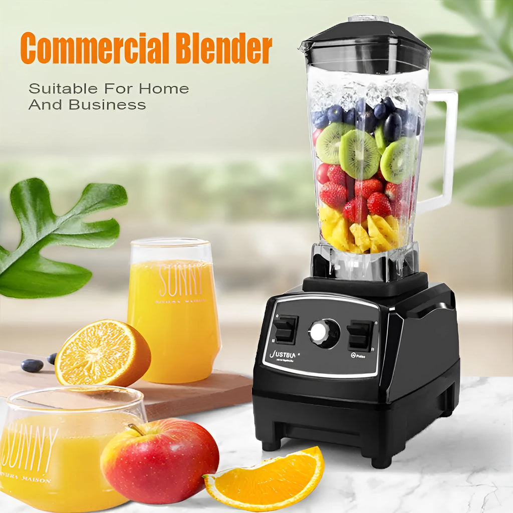 Black 2L 2200W blender with broken wall design and three-speed control dial on countertop
