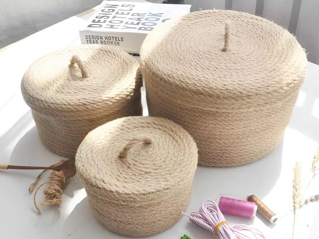 Japanese style fabric storage basket with dustproof cover in three sizes for bedroom organisation