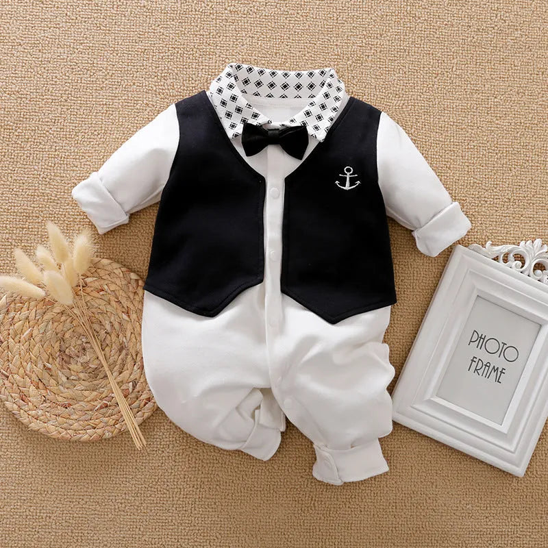 Baby wearing cotton long-sleeved jumpsuit in gentleman style for spring and autumn