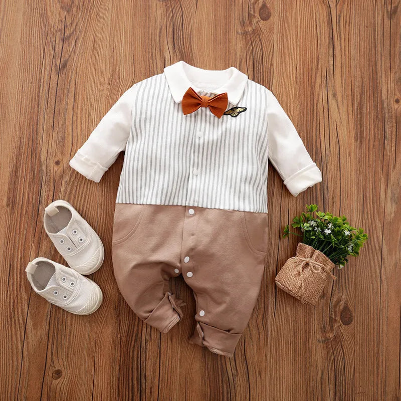 Baby wearing cotton long-sleeved jumpsuit in gentleman style for spring and autumn