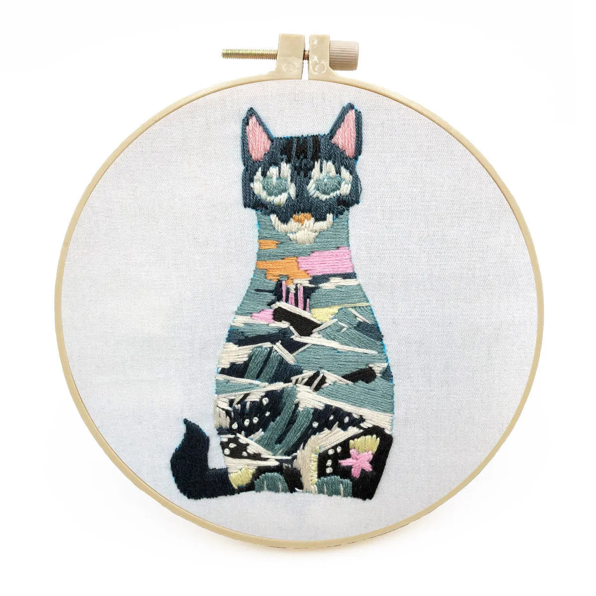 Cat cross stitch embroidery kit for beginners with cotton linen fabric and stretch frame