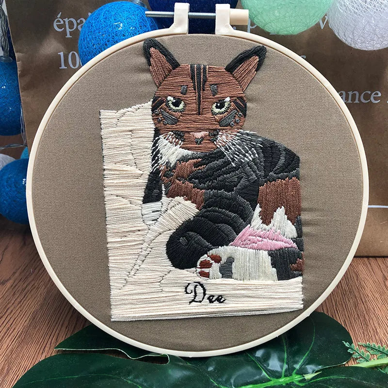 Cat cross stitch embroidery kit for beginners with cotton linen fabric and stretch frame