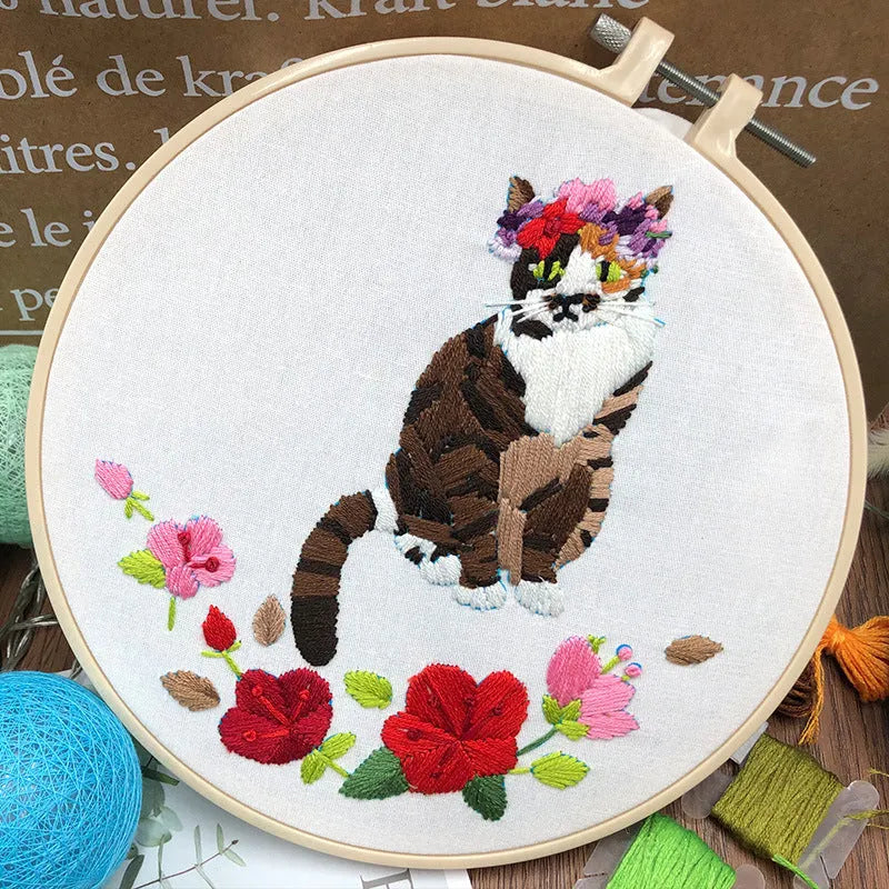 Cat cross stitch embroidery kit for beginners with cotton linen fabric and stretch frame