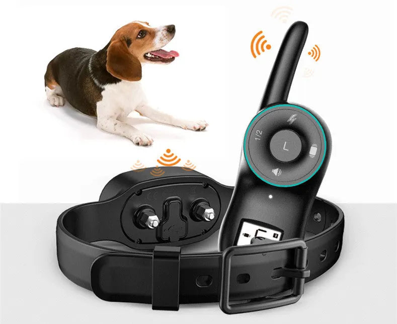 Waterproof rechargeable remote dog training collar with shock, vibration, and beep modes in black or orange