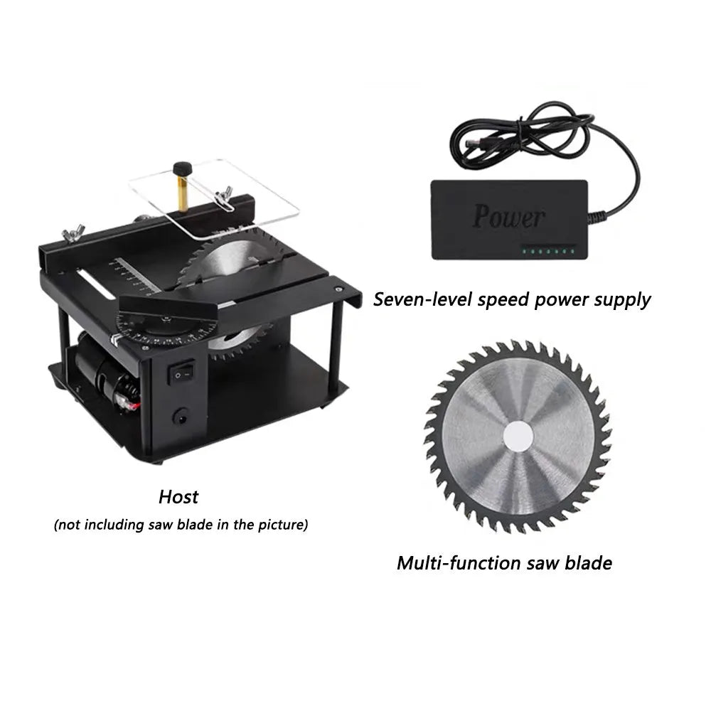 Black portable miniature table saw with sliding cutting table and 110mm blade