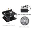 Black portable miniature table saw with sliding cutting table and 110mm blade