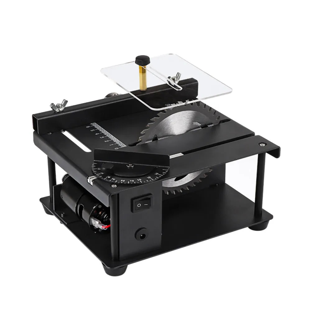 Black portable miniature table saw with sliding cutting table and 110mm blade