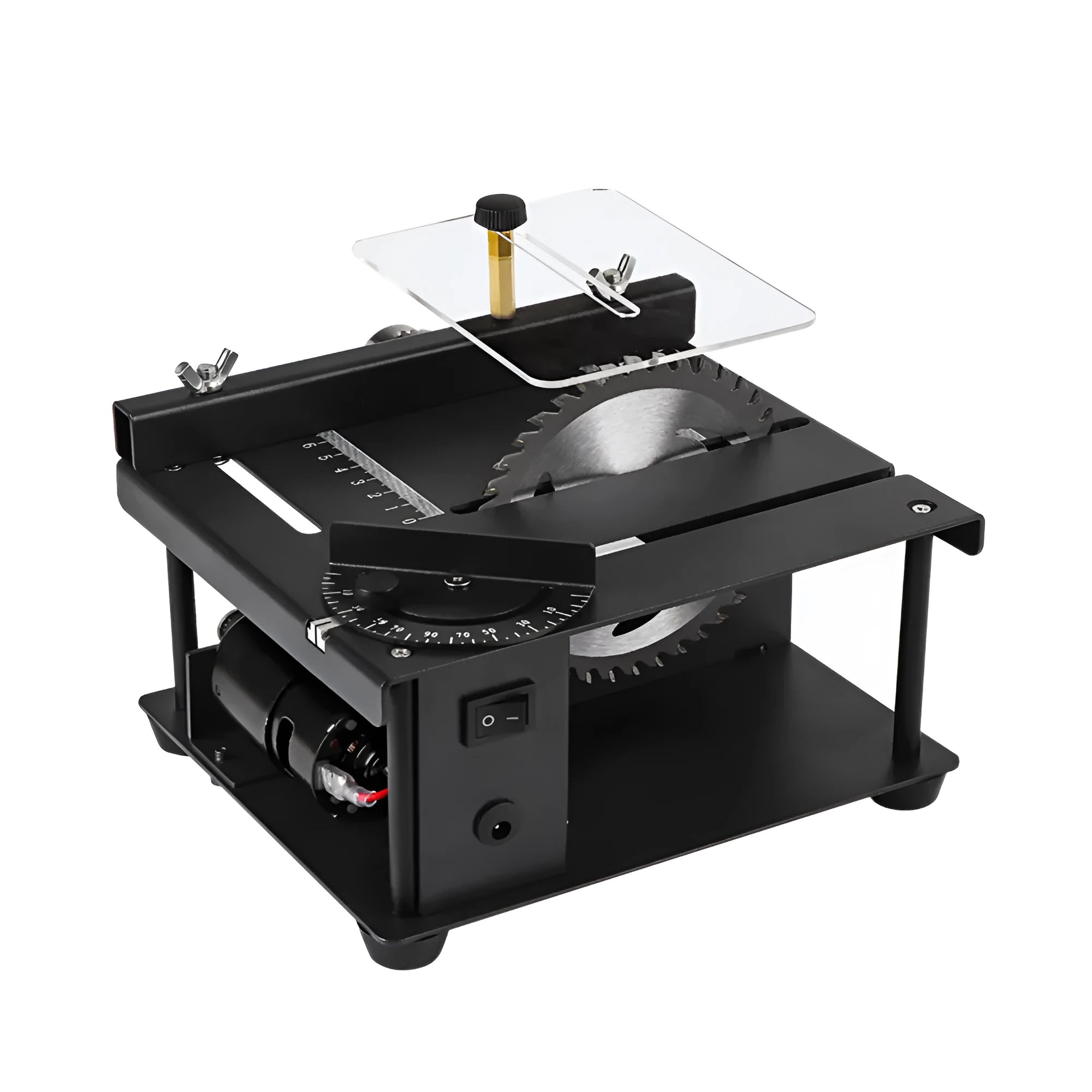 Black portable miniature table saw with sliding cutting table and 110mm blade