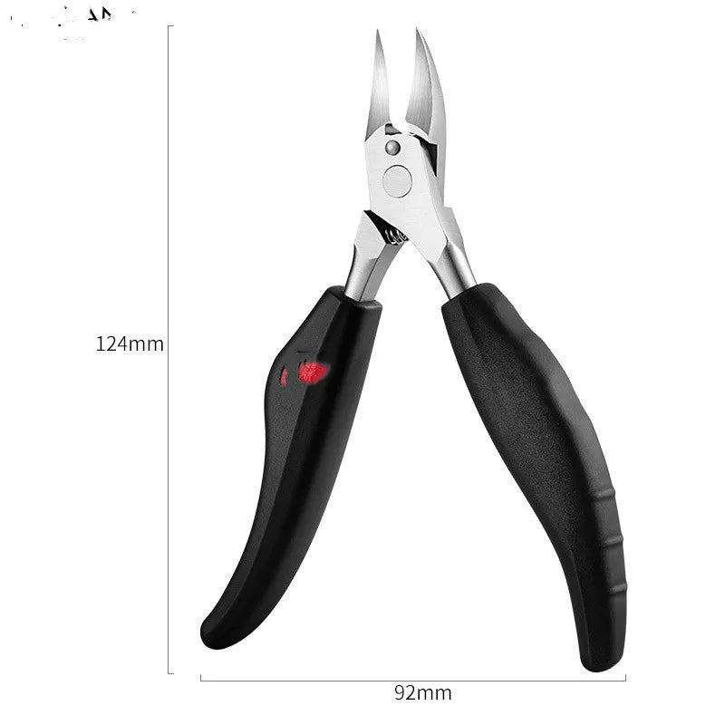 Stainless steel nail clippers set with red cuticle pusher, dead skin scissors, and coloured ABS handles.