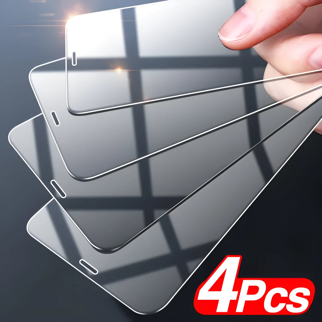 Four transparent tempered glass iPhone screen protectors with anti-blue light feature