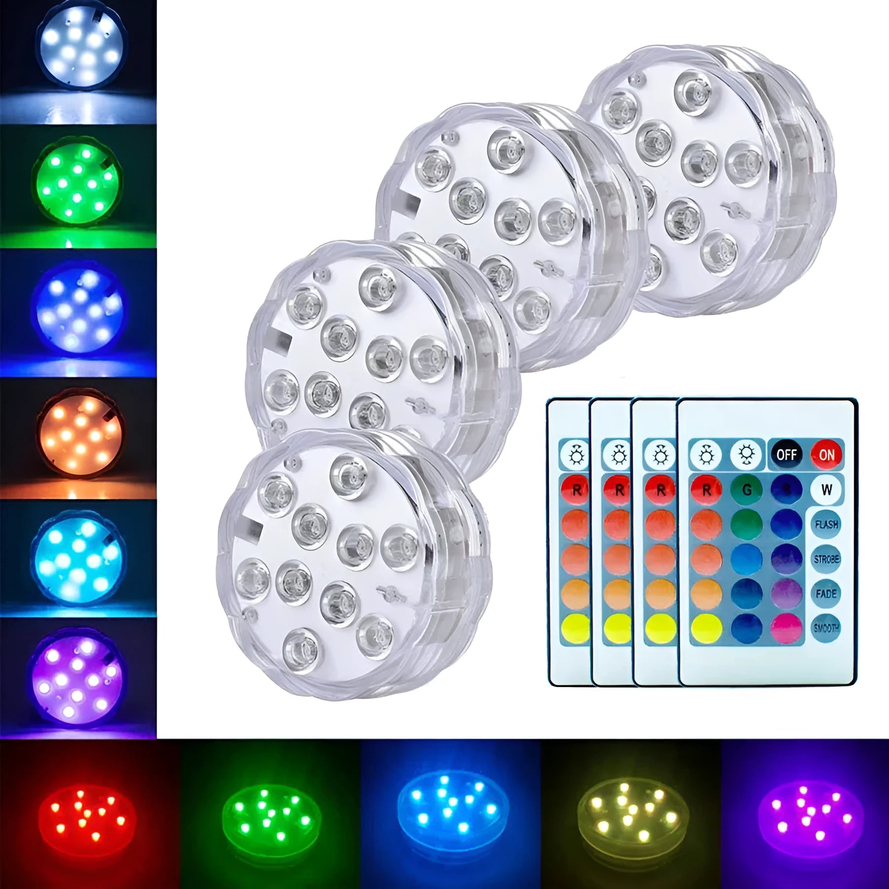 White IP68 waterproof remote control diving light with LED beads for pools and gardens.