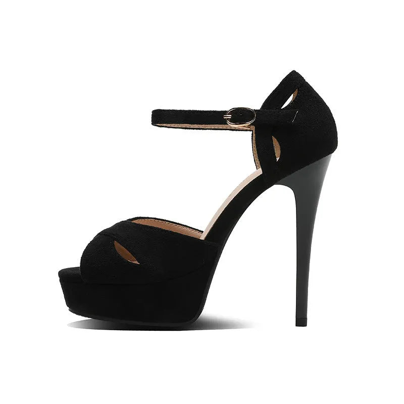 Black Roman style women's platform sandals with a fish mouth toe and a waterproof rubber sole.