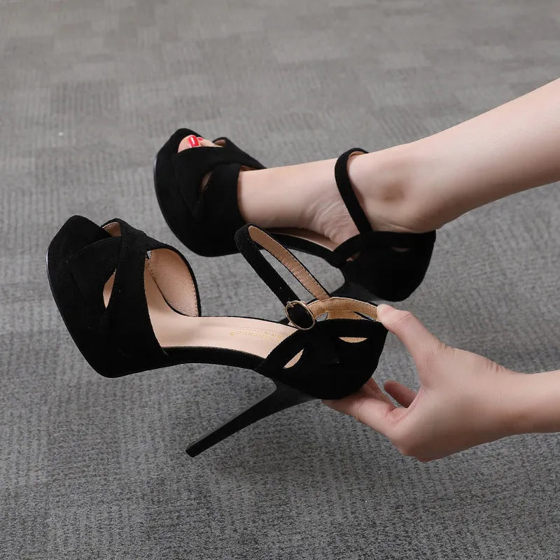 Black Roman style women's platform sandals with a fish mouth toe and a waterproof rubber sole.