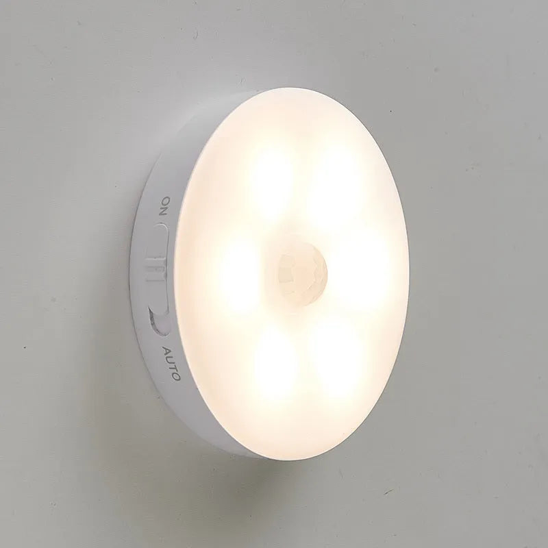 Wireless motion sensor LED light unit for automatic activation in dark home areas.
