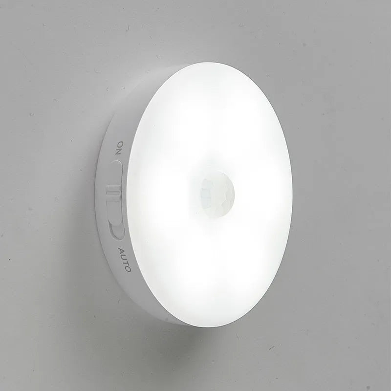 Wireless motion sensor LED light unit for automatic activation in dark home areas.