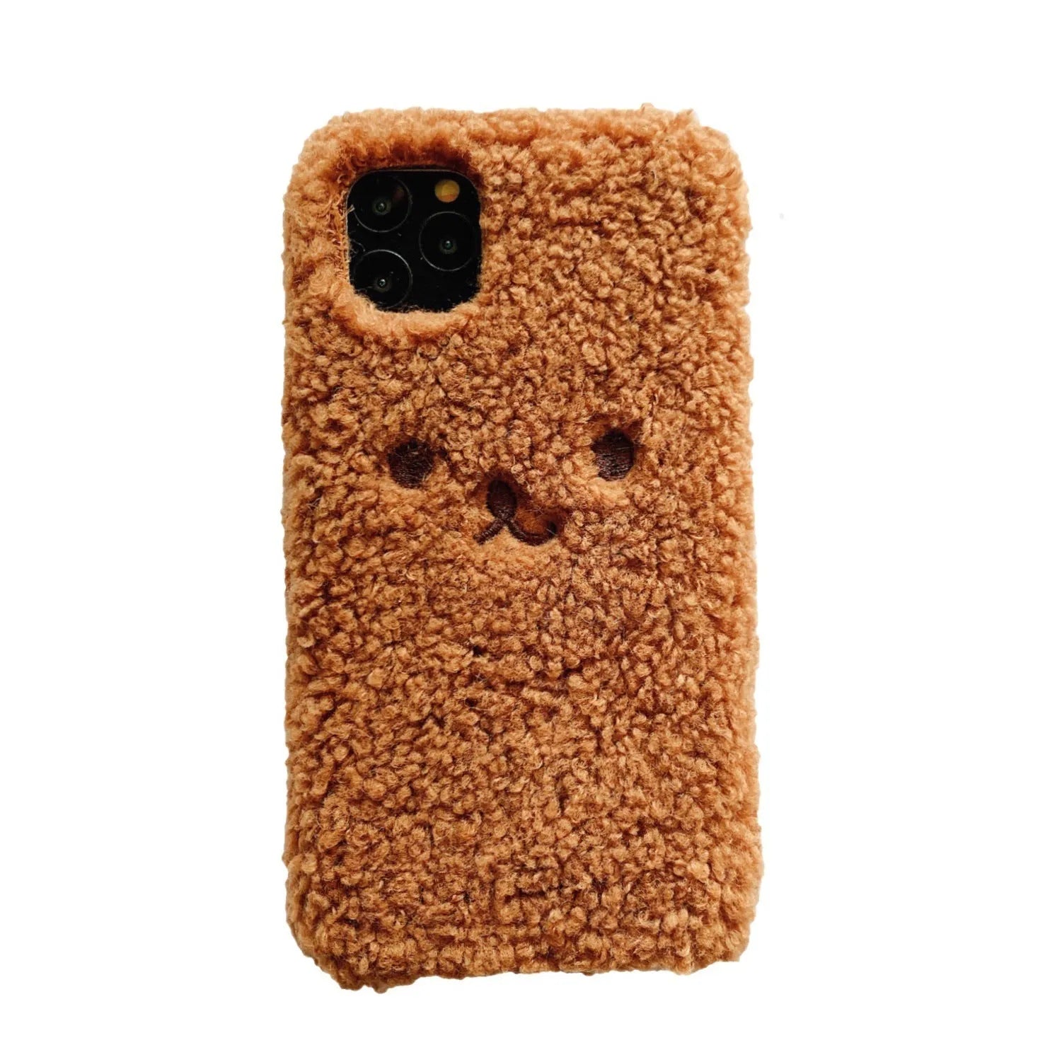 Embroidered brown plush bear cartoon design on a white TPU iPhone case for iPhone 11.