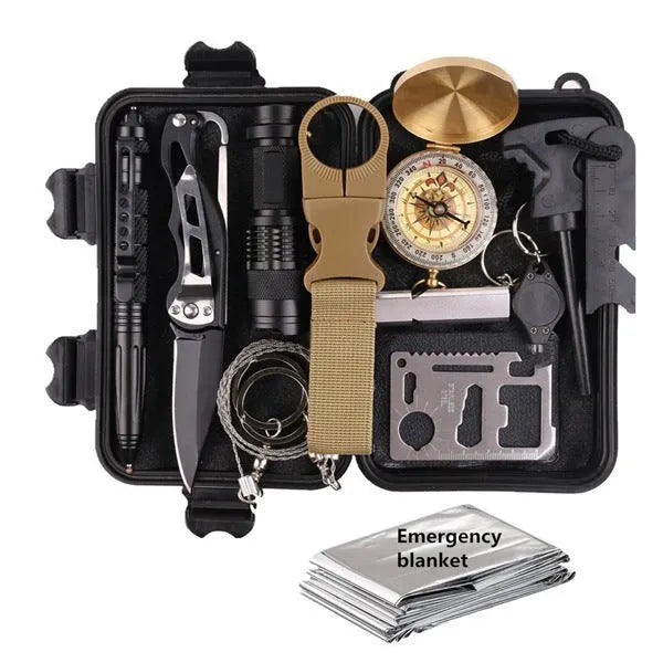 13-piece black stainless steel survival tool set in shockproof tactical case with compass, flashlight, and emergency supplies