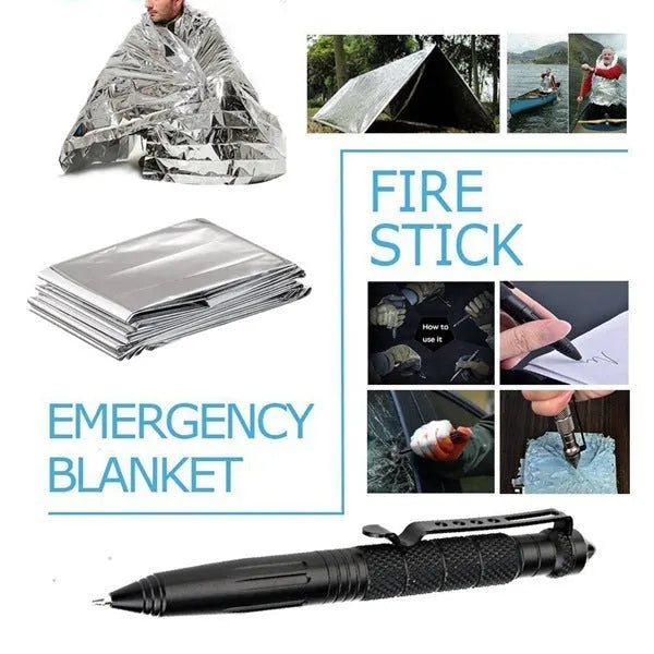 13-piece black stainless steel survival tool set in shockproof tactical case with compass, flashlight, and emergency supplies