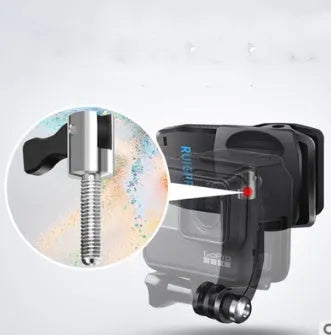 Silver and black universal action camera backpack clip with 360-degree rotation mount.