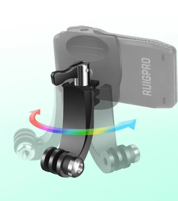 Silver and black universal action camera backpack clip with 360-degree rotation mount.