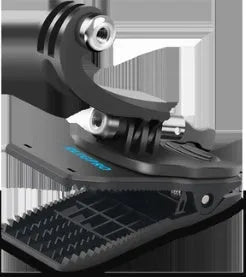 Silver and black universal action camera backpack clip with 360-degree rotation mount.