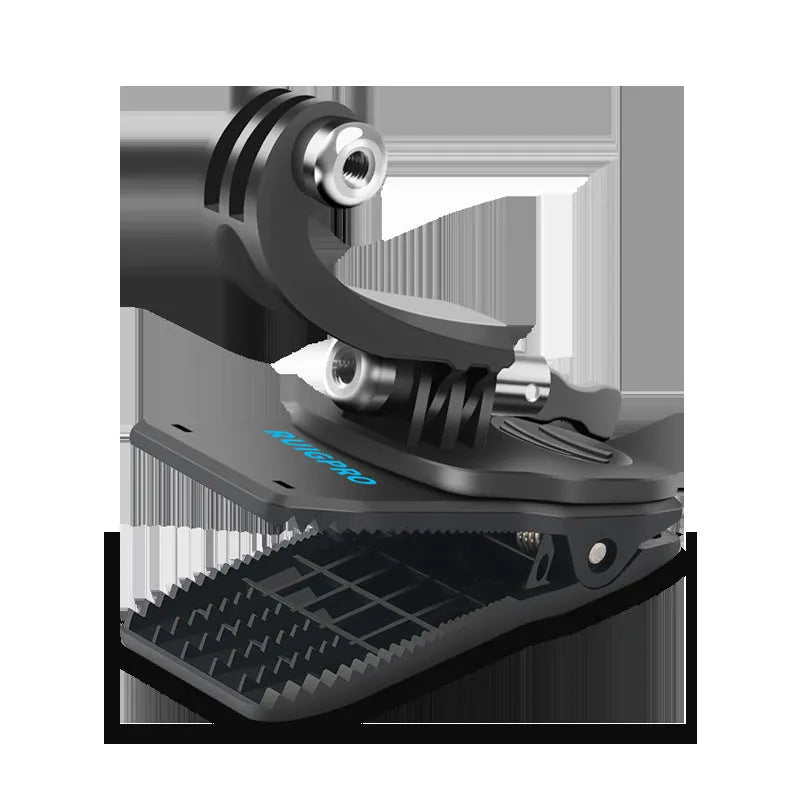 Silver and black universal action camera backpack clip with 360-degree rotation mount.
