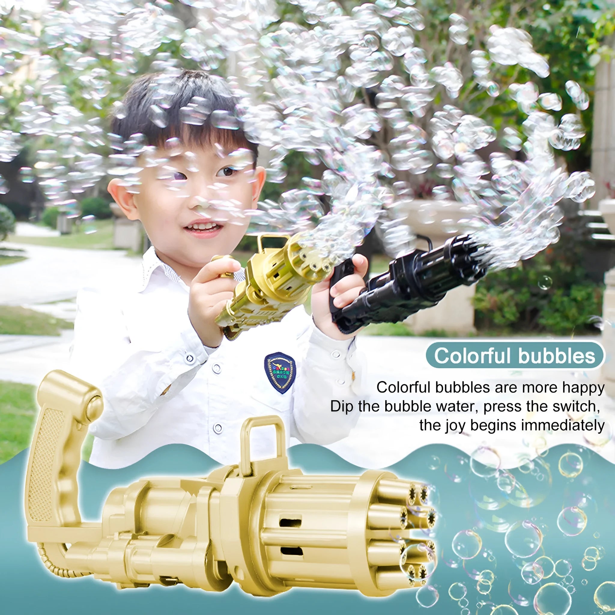 Battery-powered bubble gun toy in pink gold or black colours with ABS plastic construction and fan function