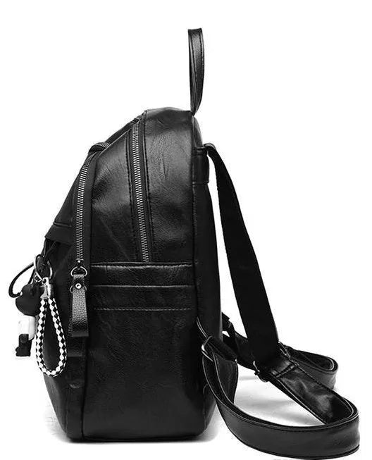 Black soft PU leather backpack with double straps and a zipper opening, showing its medium size.