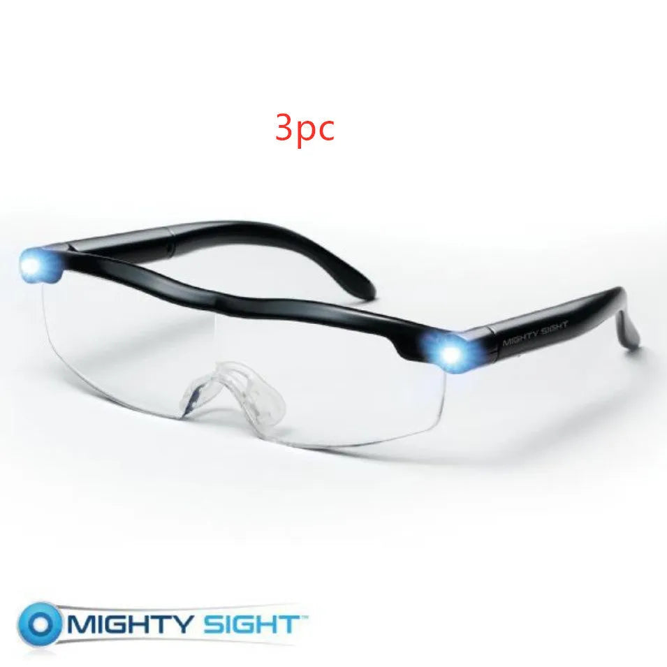 Transparent black USB LED reading glasses with built-in light on frame.