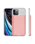 Shockproof silicone iPhone charging case with external battery in black, blue, pink, or white colours