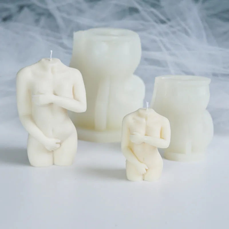 Shy female body silicone candle mould set showing three different poses for adult candle making